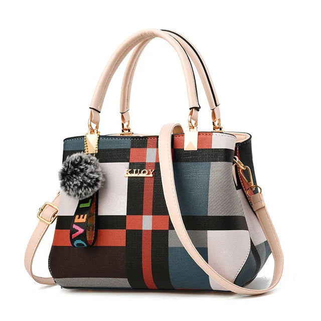 Women's Casual Bag with Stitching Details, Plaid Print, and Shoulder Strap – Crossbody/Tote Style