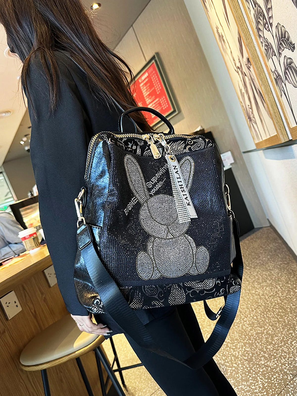 Multifunctional women's backpack with rabbit design and rhinestones, made of leather