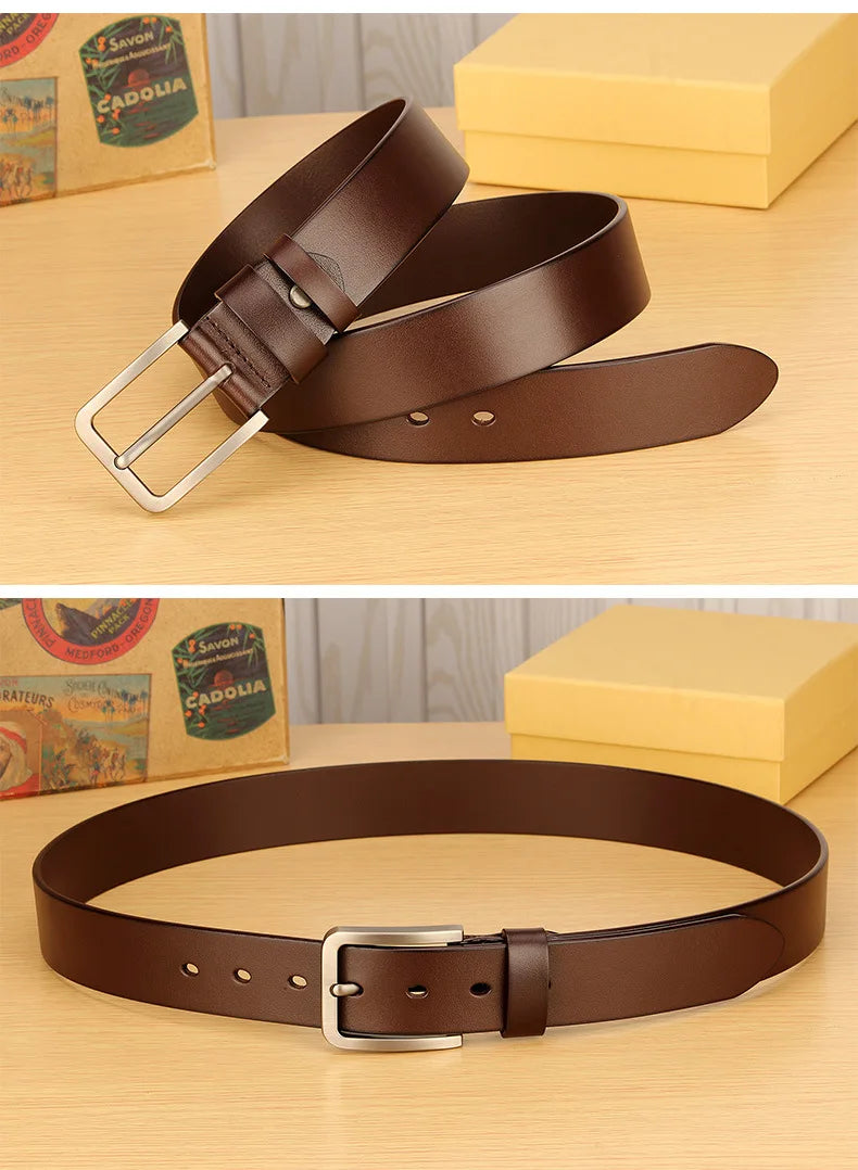 Men's leather belt with metal alloy pin buckle