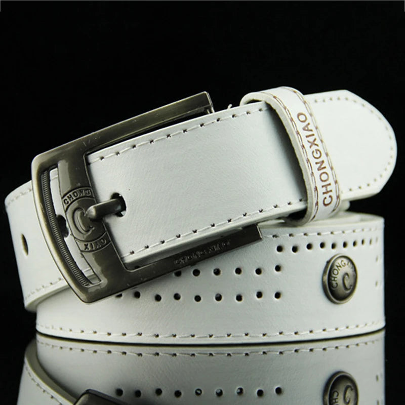 High-quality, casual and modern men's leather belt, wide with hollow rivets