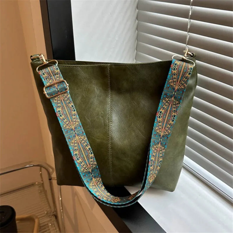 Women's bohemian-style handbag with vintage embroidery and a wide strap