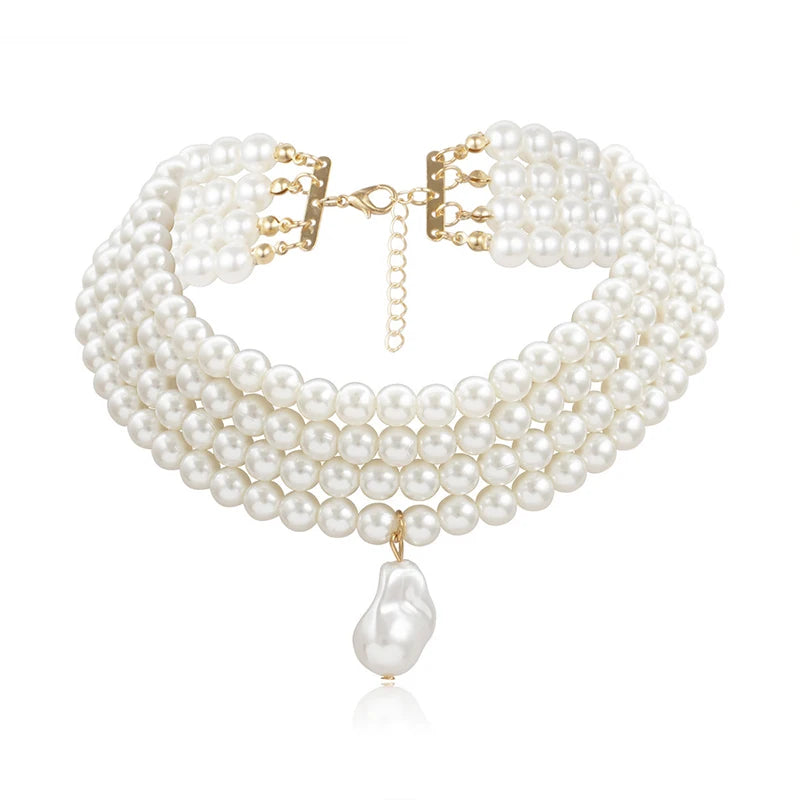 Sophisticated and elegant classic multi-strand choker necklace featuring round pearls and a pearl pendant, perfect for parties and other special occasions