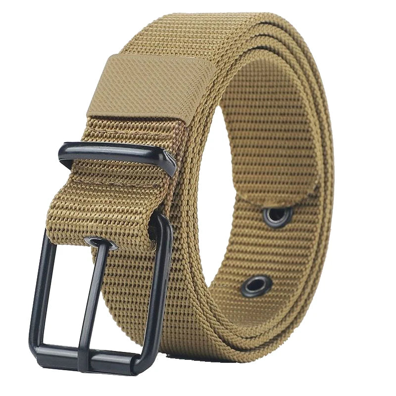 Unisex canvas belt with pin buckle and leather detail. Modern with eyelets and perfect for wearing with jeans