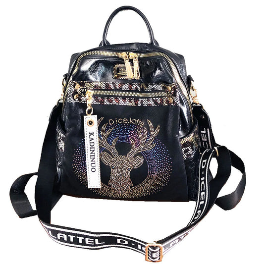 Stylish, modern, and beautiful women's backpack in soft leather with a sparkling rhinestone print