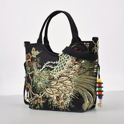 Women's embroidered crossbody bag with detachable double strap, retro style