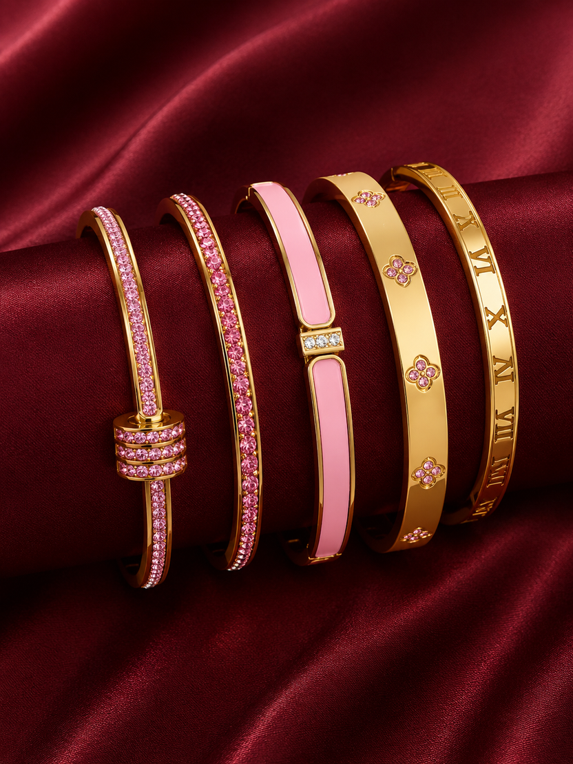 Set of 5 stainless steel bracelets—charming, delicate, and modern—featuring sparkling cubic zirconia