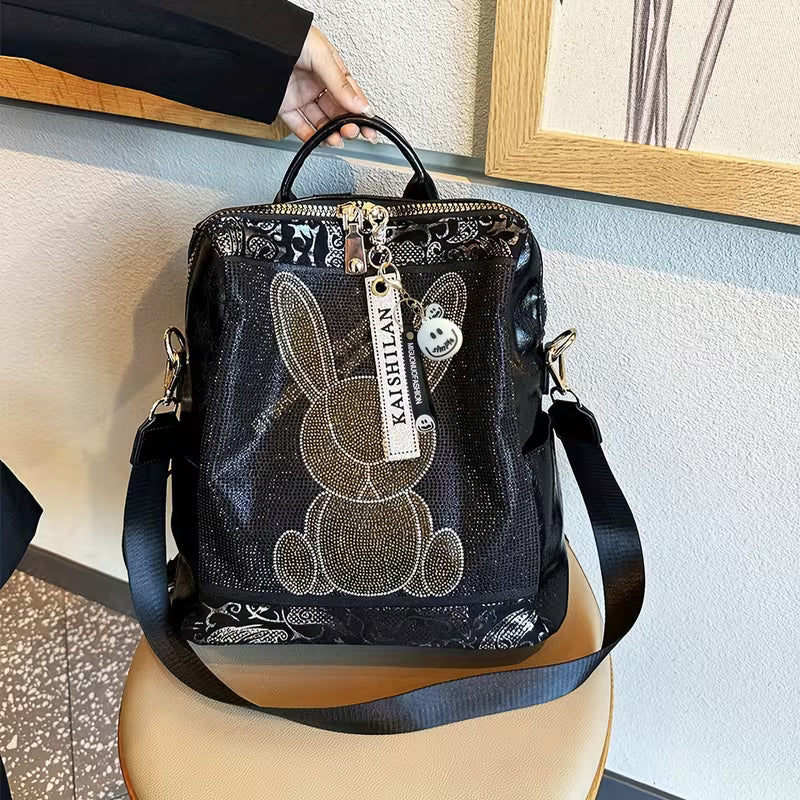 Multifunctional women's backpack with rabbit design and rhinestones, made of leather