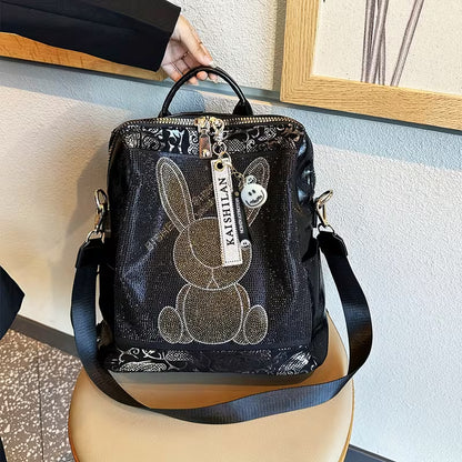 Multifunctional women's backpack with rabbit design and rhinestones, made of leather