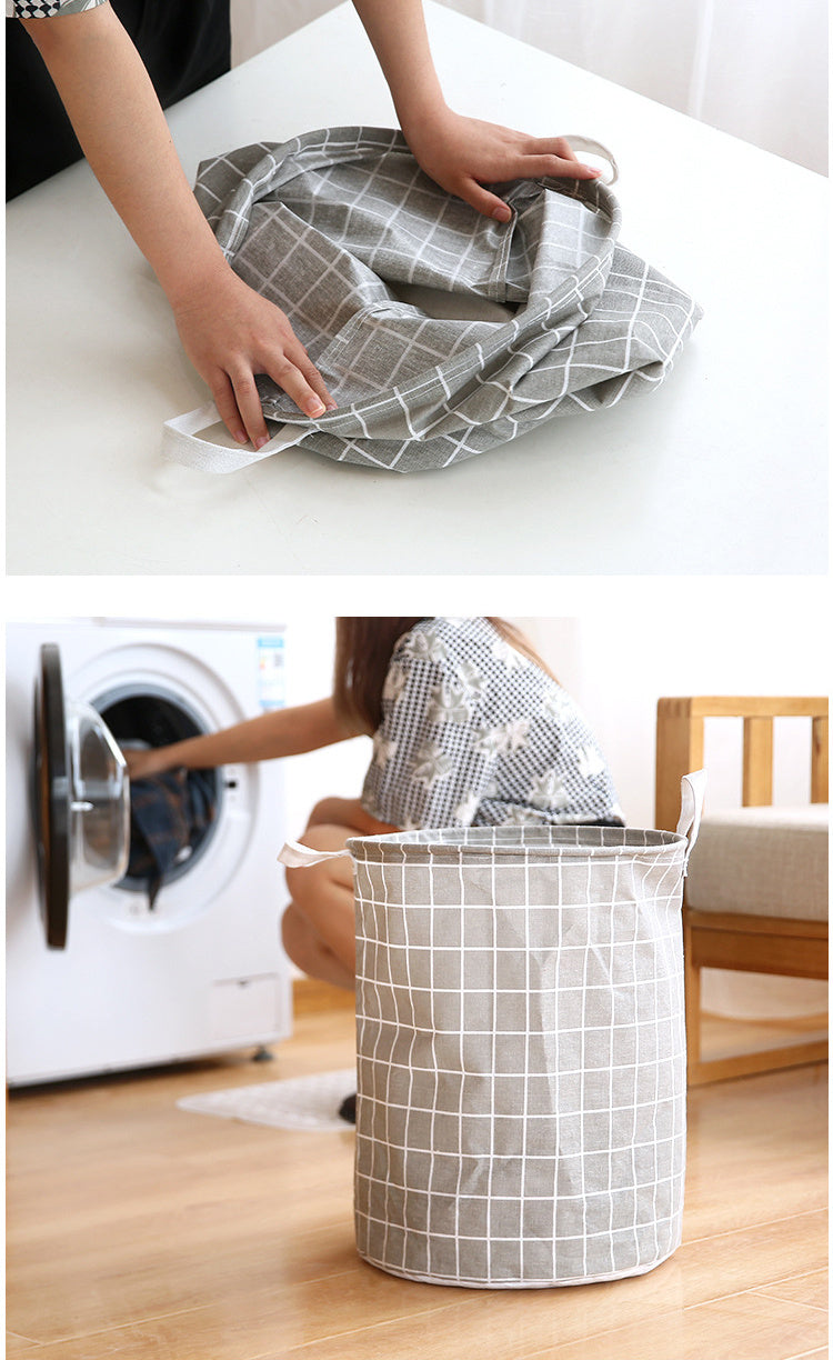 Round, portable fabric laundry basket, ideal for the laundry room or bathroom