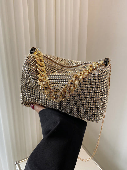Small party bag with rhinestones all over, with a sparkly chain, crossbody style