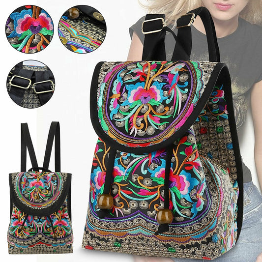 Women's Vintage Backpack with Embroidered Floral and Geometric Print, Featuring a Tablet Compartment, Adjustable Straps, and Drawstring Closure