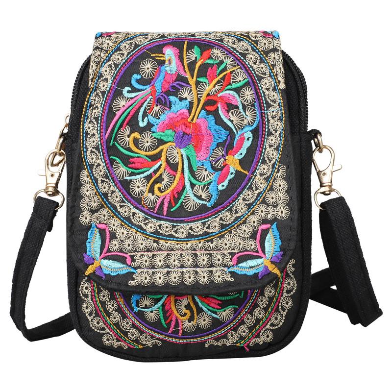 Women's Crossbody Bag with Removable Strap – Floral and Geometric Embroidery Print