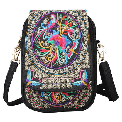 Women's Crossbody Bag with Removable Strap – Floral and Geometric Embroidery Print
