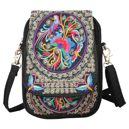 Women's Crossbody Bag with Removable Strap – Floral and Geometric Embroidery Print