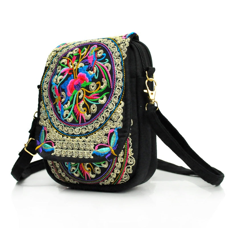 Women's Crossbody Bag with Removable Strap – Floral and Geometric Embroidery Print
