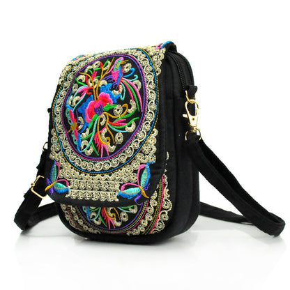Women's Crossbody Bag with Removable Strap – Floral and Geometric Embroidery Print