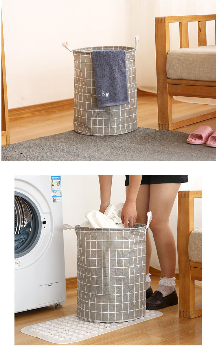 Round, portable fabric laundry basket, ideal for the laundry room or bathroom