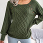 Women's sweater with puff sleeves, textured buttons, and a round neck