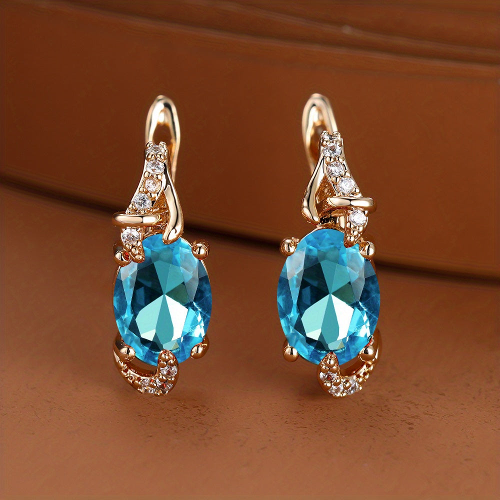 18K gold-plated stud earrings with a pendant set with round or oval-cut stones - Women's jewelry