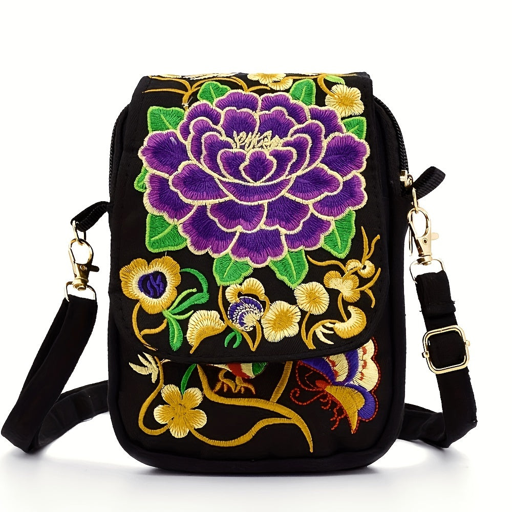 Women's Crossbody Bag with Removable Strap – Floral and Geometric Embroidery Print