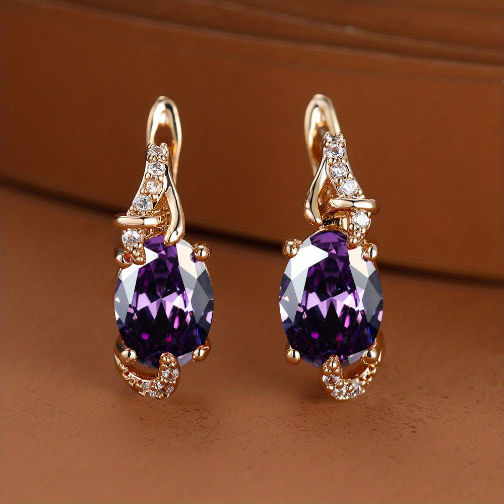 18K gold-plated stud earrings with a pendant set with round or oval-cut stones - Women's jewelry