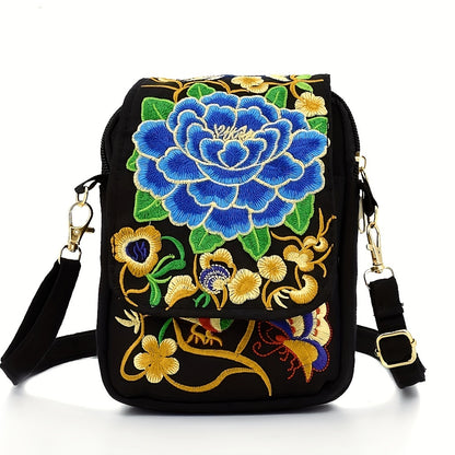 Women's Crossbody Bag with Removable Strap – Floral and Geometric Embroidery Print