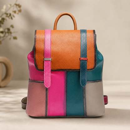 Women's Genuine Leather Backpack – Stylish, Spacious, and Featuring a Patchwork Design