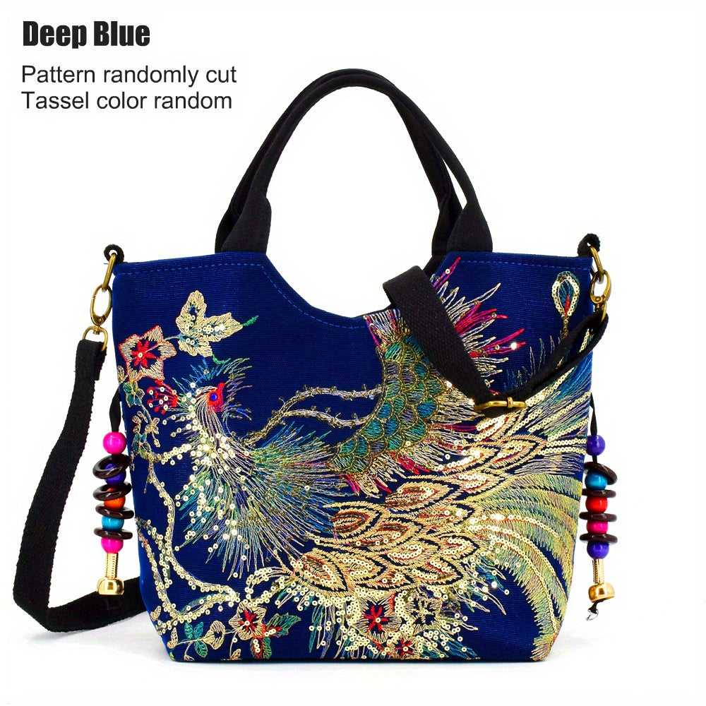 Women's embroidered crossbody bag with detachable double strap, retro style