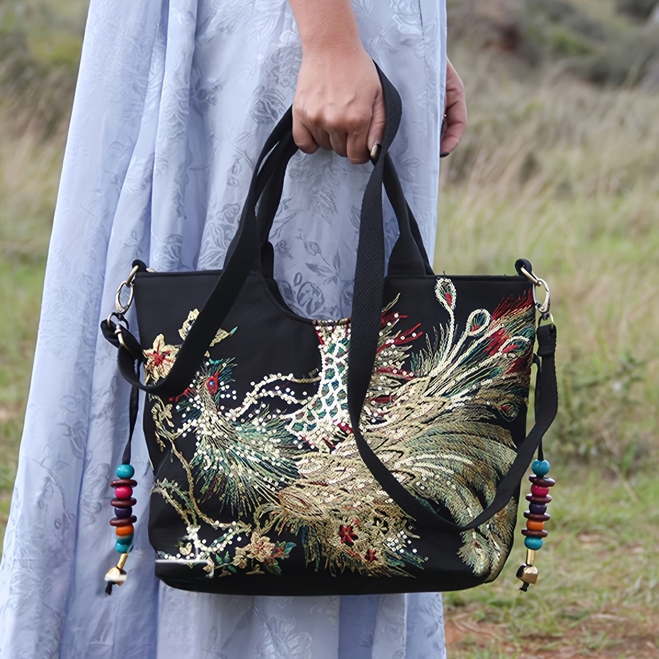 Women's embroidered crossbody bag with detachable double strap, retro style