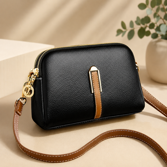 Women's genuine leather handbag with flap, luxurious, messenger style, crossbody