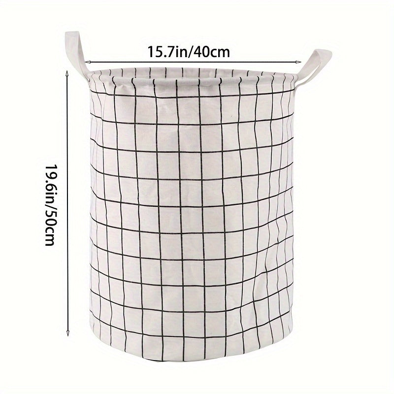 Round, portable fabric laundry basket, ideal for the laundry room or bathroom