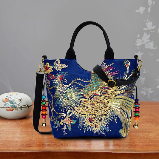 Women's embroidered crossbody bag with detachable double strap, retro style
