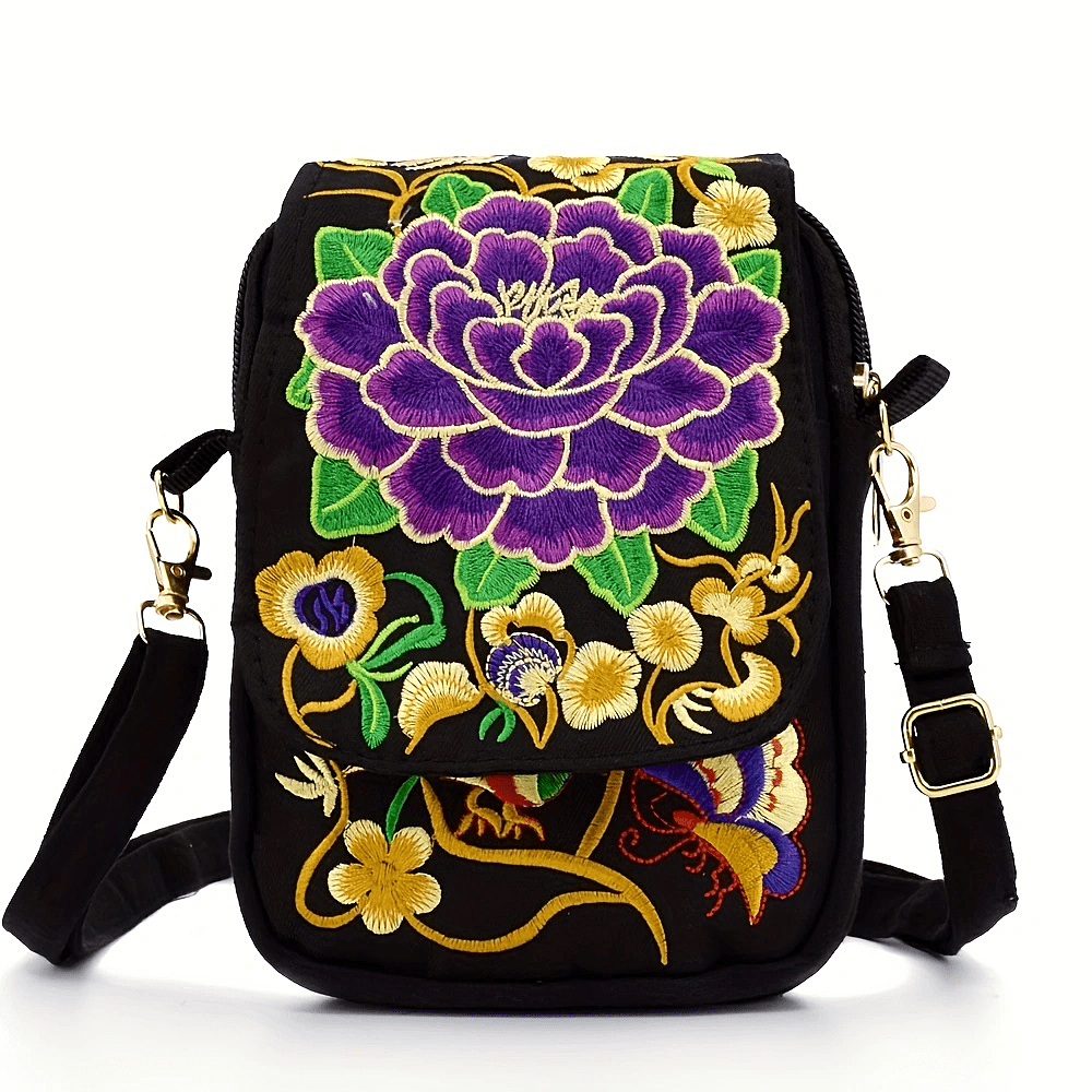 Women's Crossbody Bag with Removable Strap – Floral and Geometric Embroidery Print