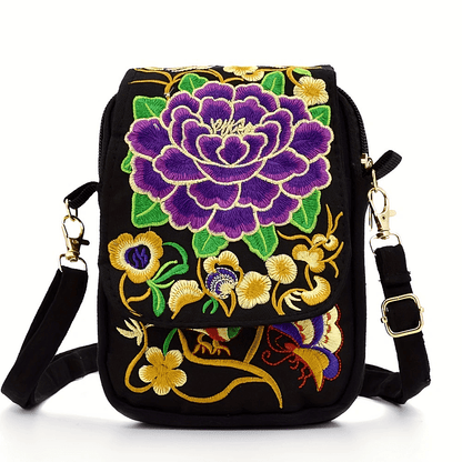 Women's Crossbody Bag with Removable Strap – Floral and Geometric Embroidery Print