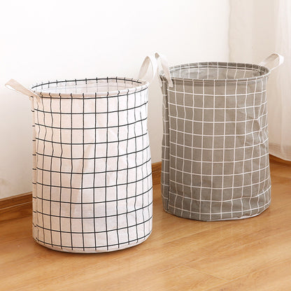 Round, portable fabric laundry basket, ideal for the laundry room or bathroom