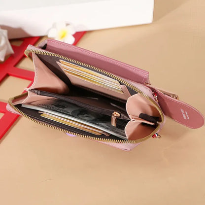 Modern shoulder bag in a solid color, with compartments for cell phone, wallets, and document holder