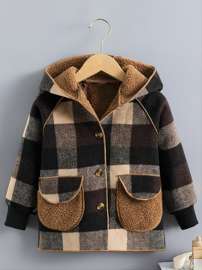 Boys' long-sleeved plaid jacket with fleece lining, front button fastening and pockets - Warm and cozy for winter, casual cardigan collar, machine washable