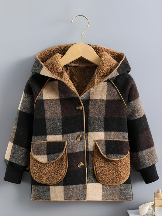 Boys' long-sleeved plaid jacket with fleece lining, front button fastening and pockets - Warm and cozy for winter, casual cardigan collar, machine washable