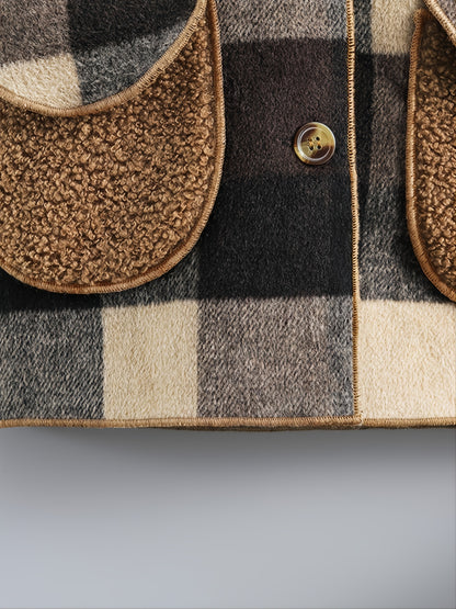 Boys' long-sleeved plaid jacket with fleece lining, front button fastening and pockets - Warm and cozy for winter, casual cardigan collar, machine washable