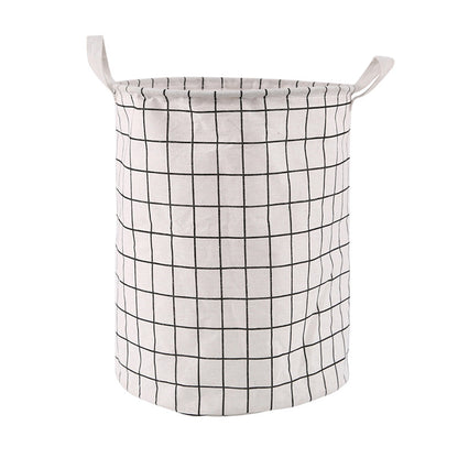 Round, portable fabric laundry basket, ideal for the laundry room or bathroom