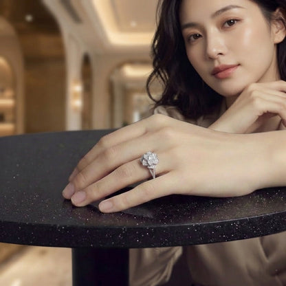 Elegant women's ring in premium 925 sterling silver featuring a three-dimensional design of intertwined roses and white cubic zirconia
