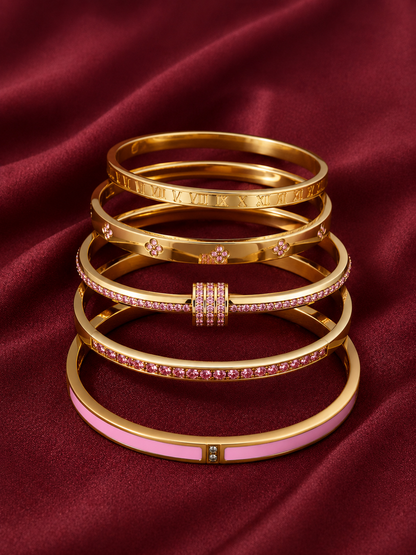 Set of 5 stainless steel bracelets—charming, delicate, and modern—featuring sparkling cubic zirconia