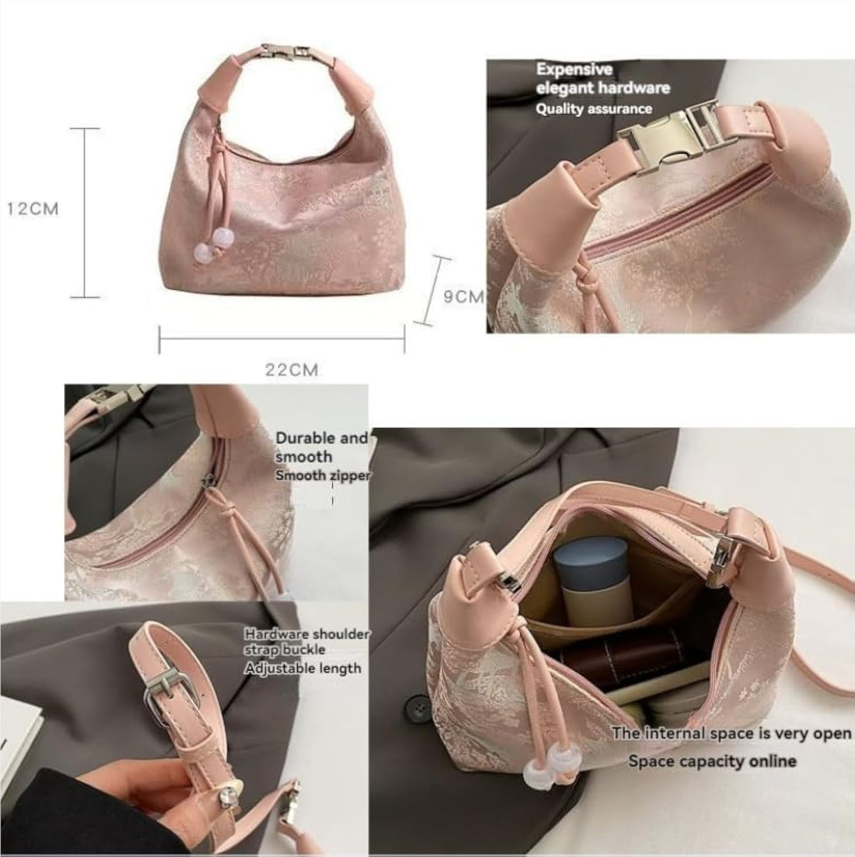 Women's embroidered handbag with zipper, made of silky fabric, adjustable strap