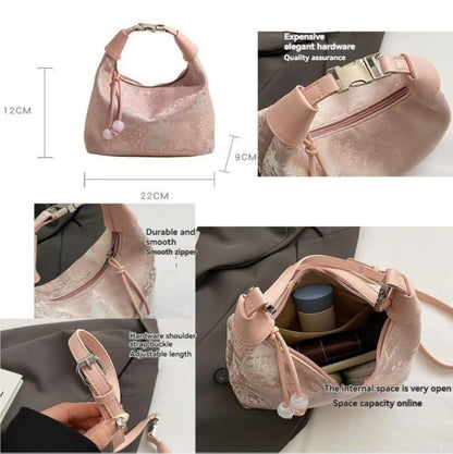 Women's embroidered handbag with zipper, made of silky fabric, adjustable strap