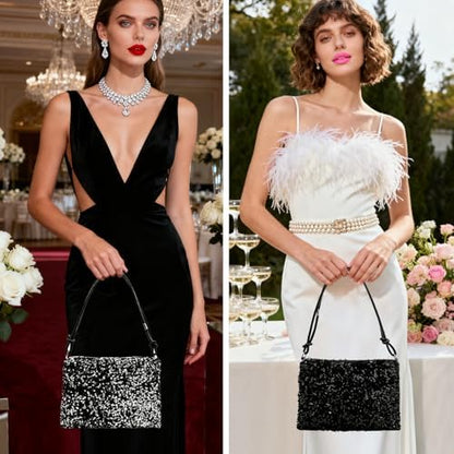 Women's sequin party bag/clutch with leather shoulder strap for weddings, proms, and parties (black and silver)