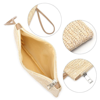 Women's wrist bag made of braided straw material, bohemian style design, modern, elegant and durable