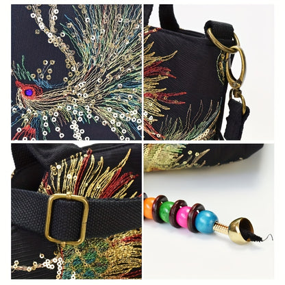 Women's embroidered crossbody bag with detachable double strap, retro style