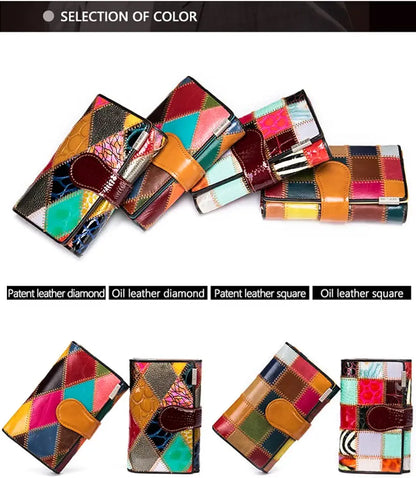 Elegant, compact women's wallet featuring a two-tone design, coin pocket, multiple card slots, and a money clip; crafted from high-quality genuine leather.