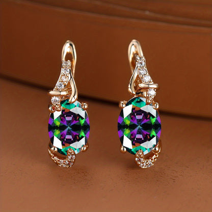 18K gold-plated stud earrings with a pendant set with round or oval-cut stones - Women's jewelry