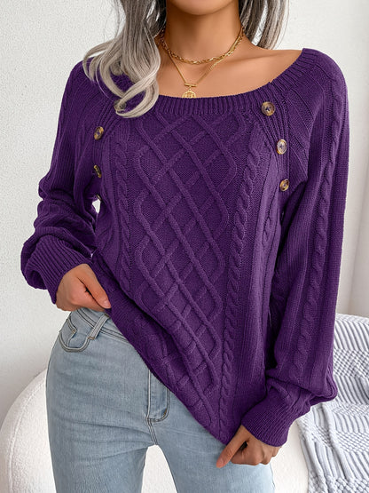 Women's sweater with puff sleeves, textured buttons, and a round neck
